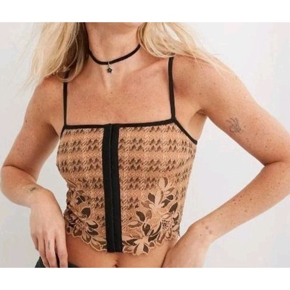 Aerie NWT Floral Lace Longline Bralette Crop Top Front Clasp Tan Floral Size XS